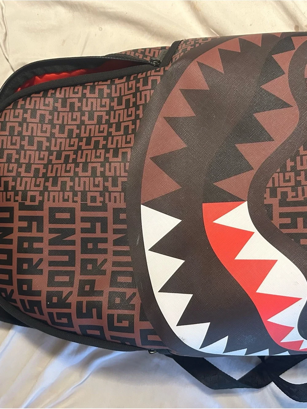 Sprayground Brown Shark Bite Backpack with Red & White Accents